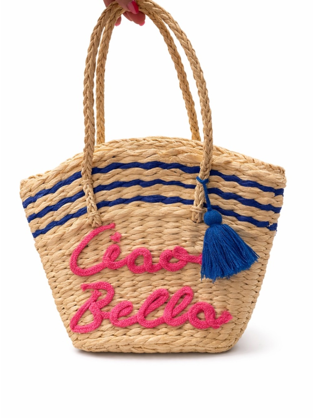 Ciao Bella Straw Woven Mini Tote / Purse 🌊 Pink & Blue Tassel Summer Bag - Picture 2 of 5